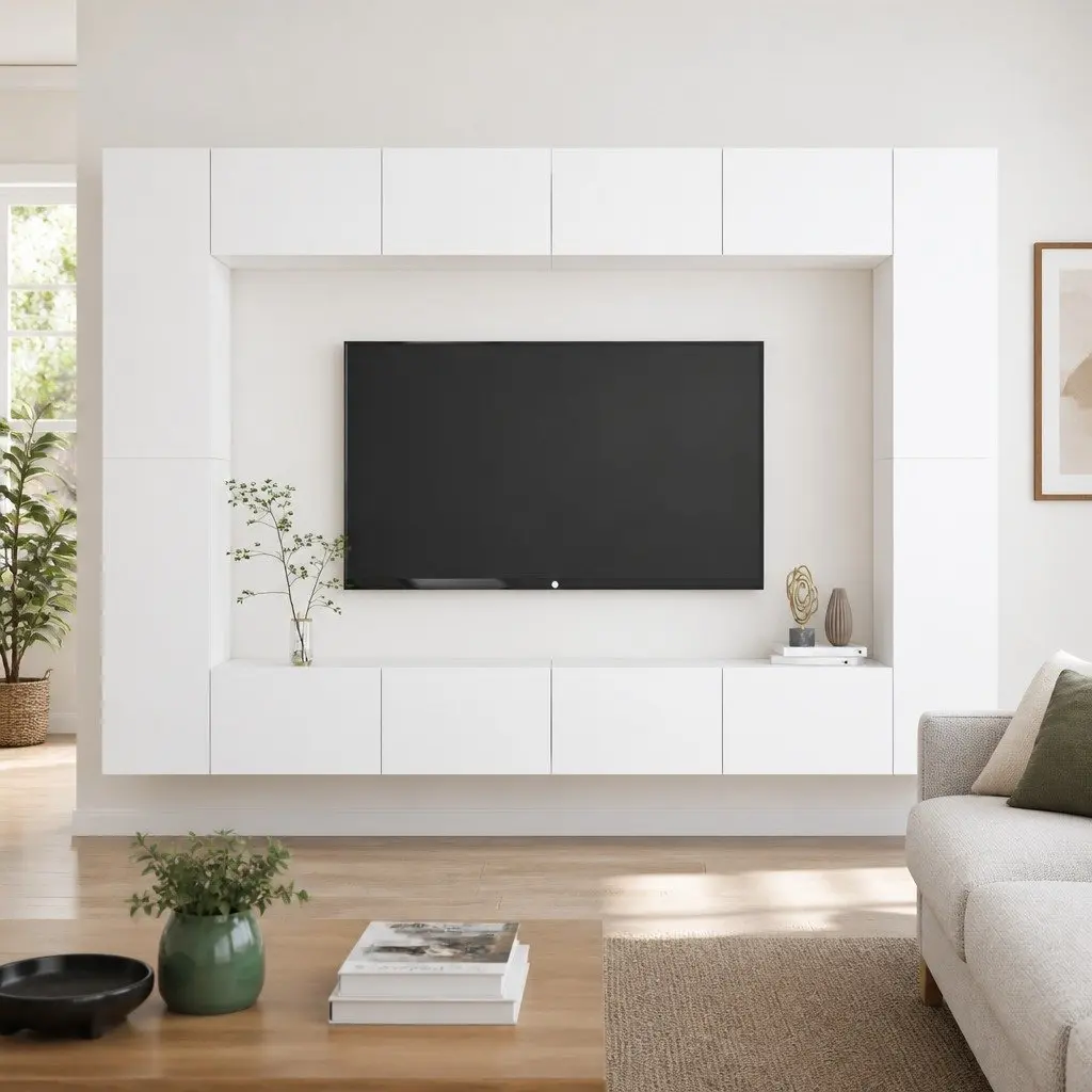 Wall-Mounted TV Cabinet Set Engineered Wood 8 Piece White Storage Unit Floating Shelves