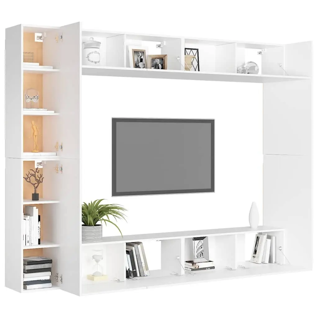 Wall-Mounted TV Cabinet Set Engineered Wood 8 Piece White Storage Unit Floating Shelves