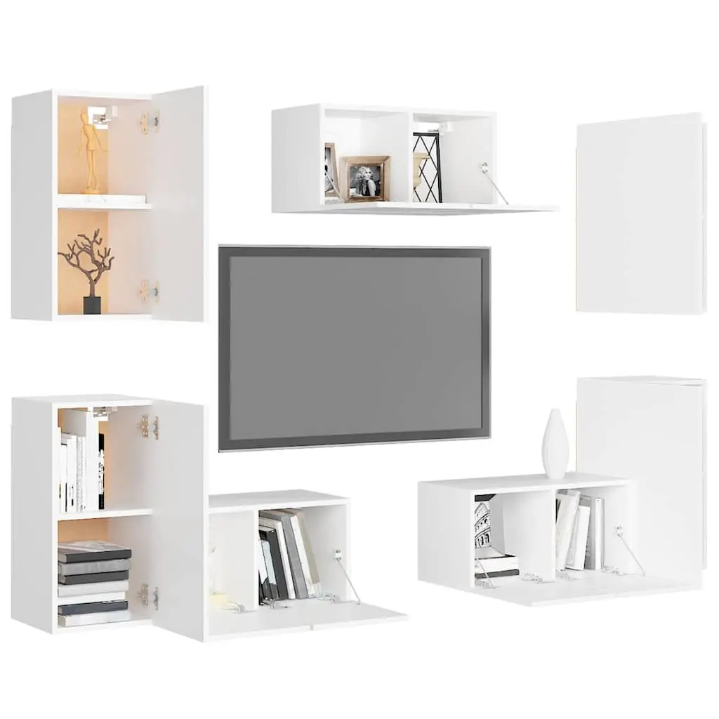 7 Piece TV Cabinet Set White Wall Mounted Storage Unit Living Room Furniture