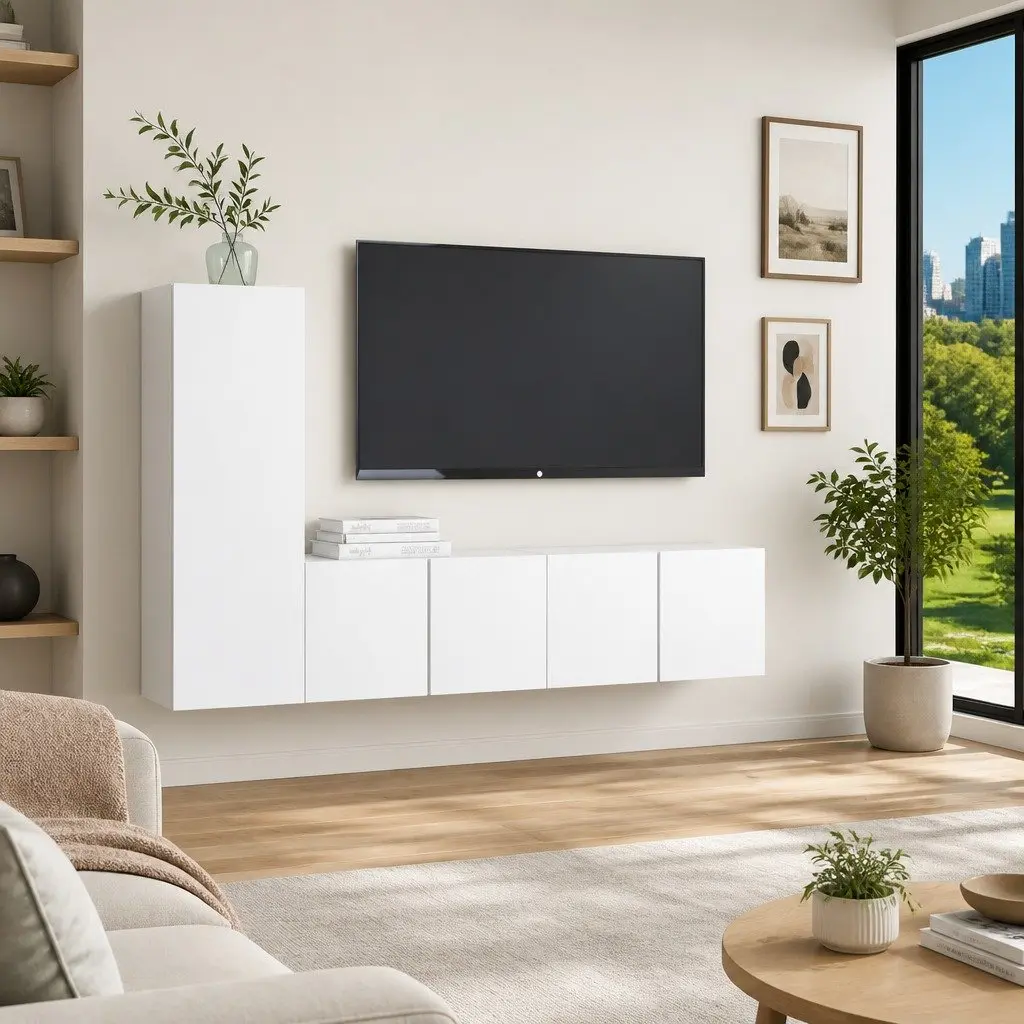3 Piece White Engineered Wood Wall-Mounted TV Cabinet Set with Shelves and Storage