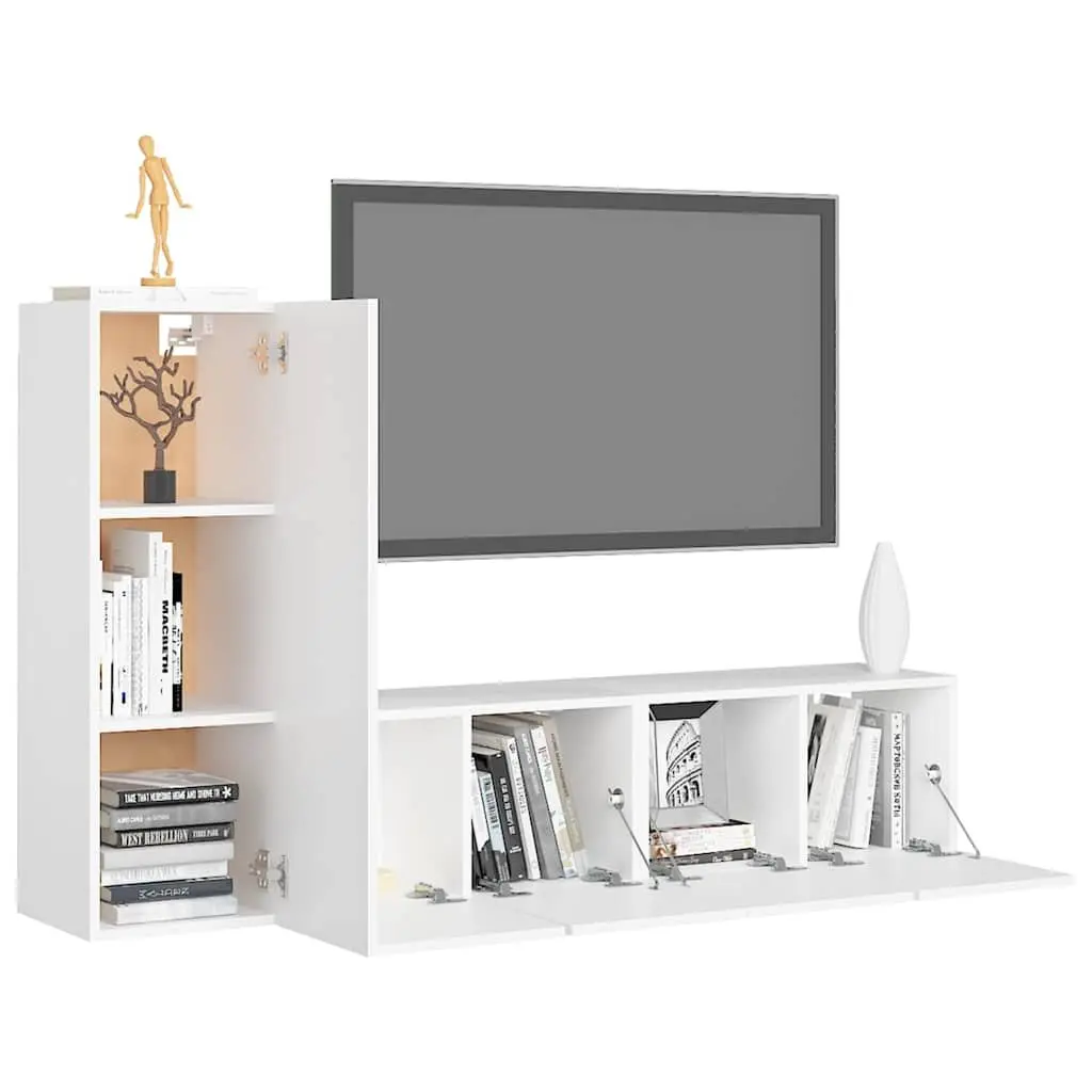 3 Piece White Engineered Wood Wall-Mounted TV Cabinet Set with Shelves and Storage