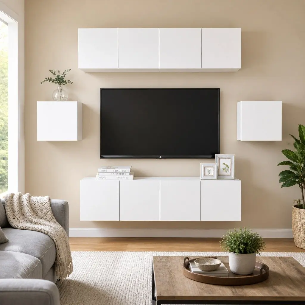 TV Cabinet Set 6 Piece Engineered Wood Wall Mounted Storage Unit White