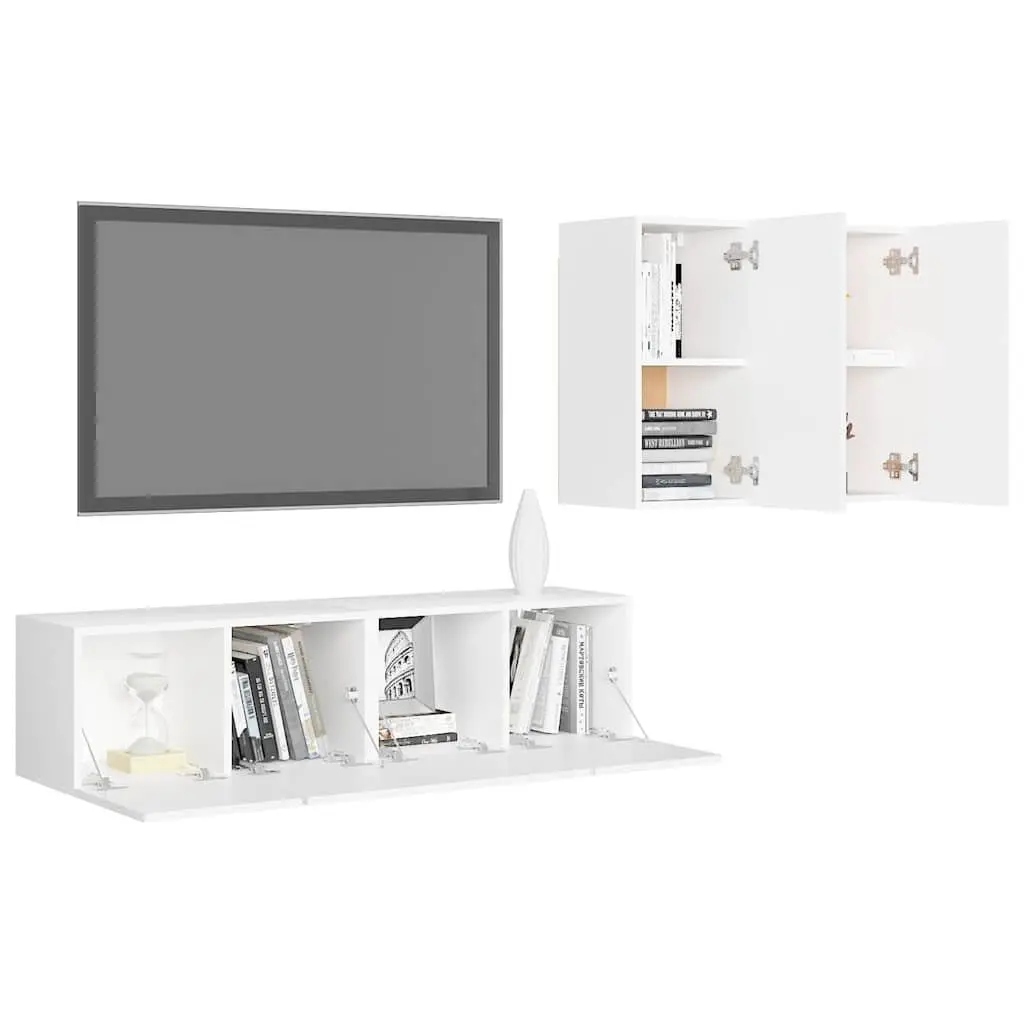 TV Cabinet Set Engineered Wood Wall Mounted 4 Piece White Storage Unit