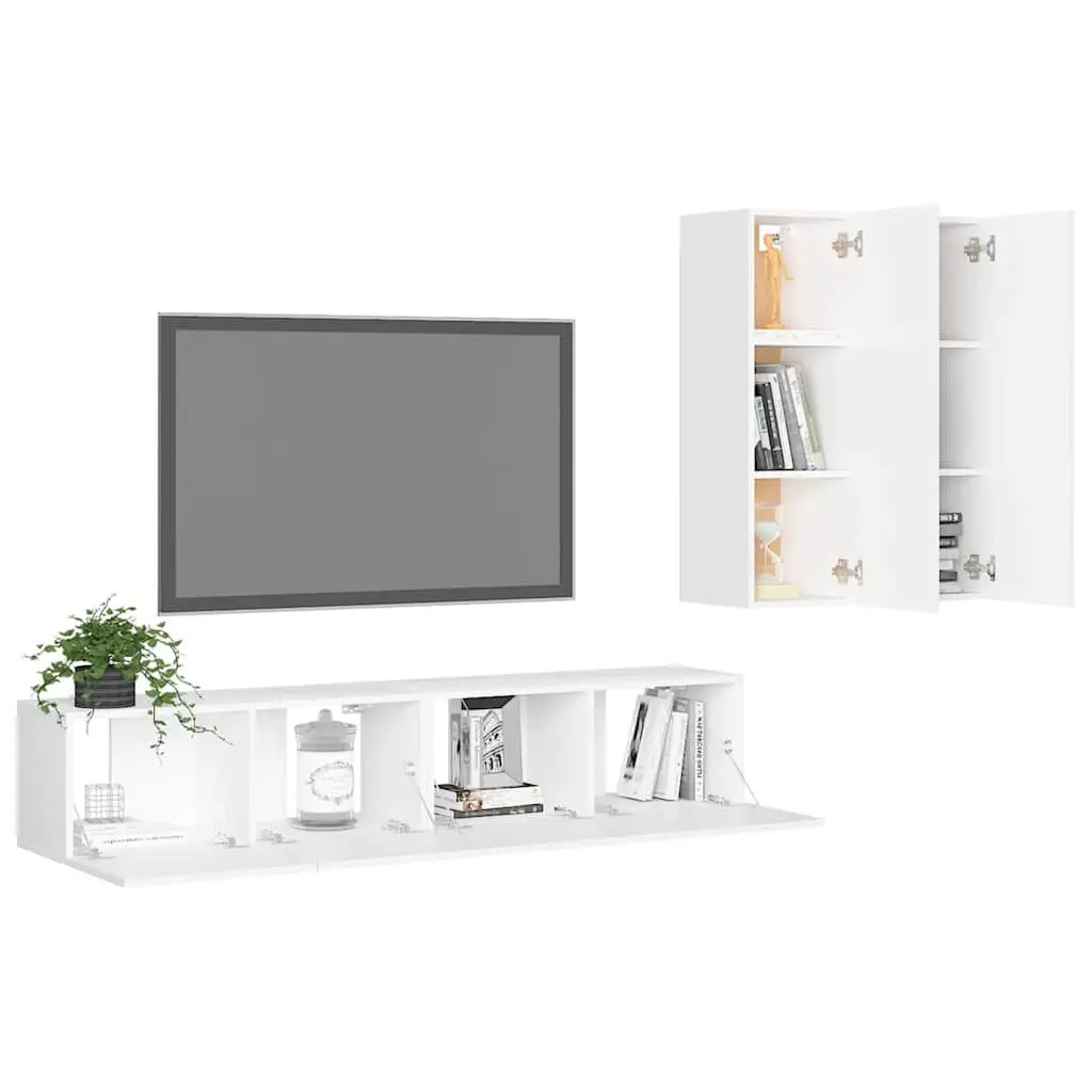 TV Cabinet Set Engineered Wood Wall Mounted 4 Piece White Storage Unit