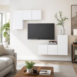 4 Piece Wall Mounted TV Cabinet Set White Storage Display Unit Organiser