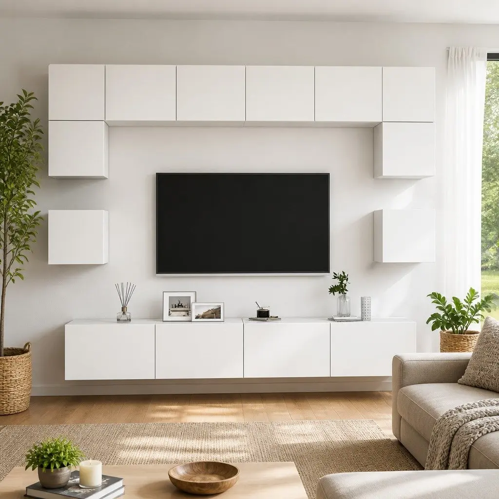 Wall Mounted TV Cabinet Set Engineered Wood 8 Piece White Storage Entertainment Unit