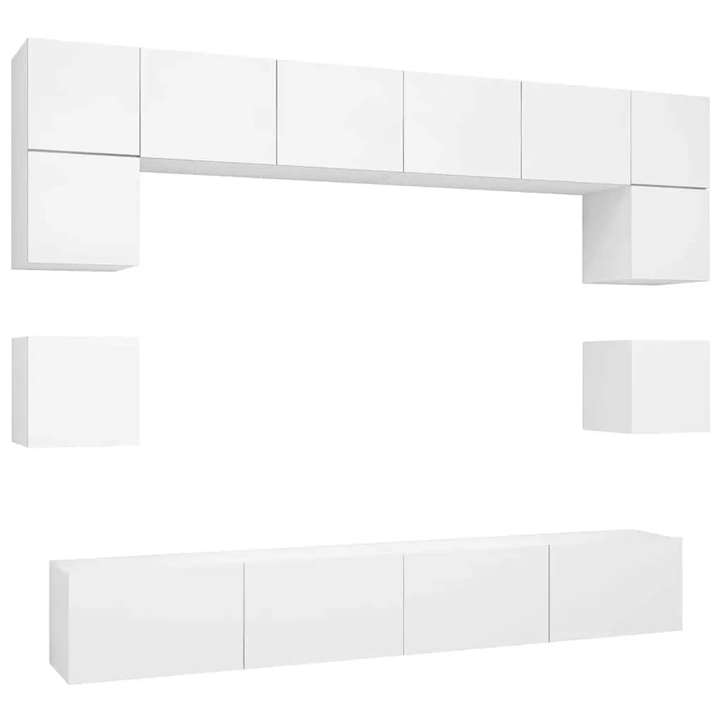 Wall Mounted TV Cabinet Set Engineered Wood 8 Piece White Storage Entertainment Unit
