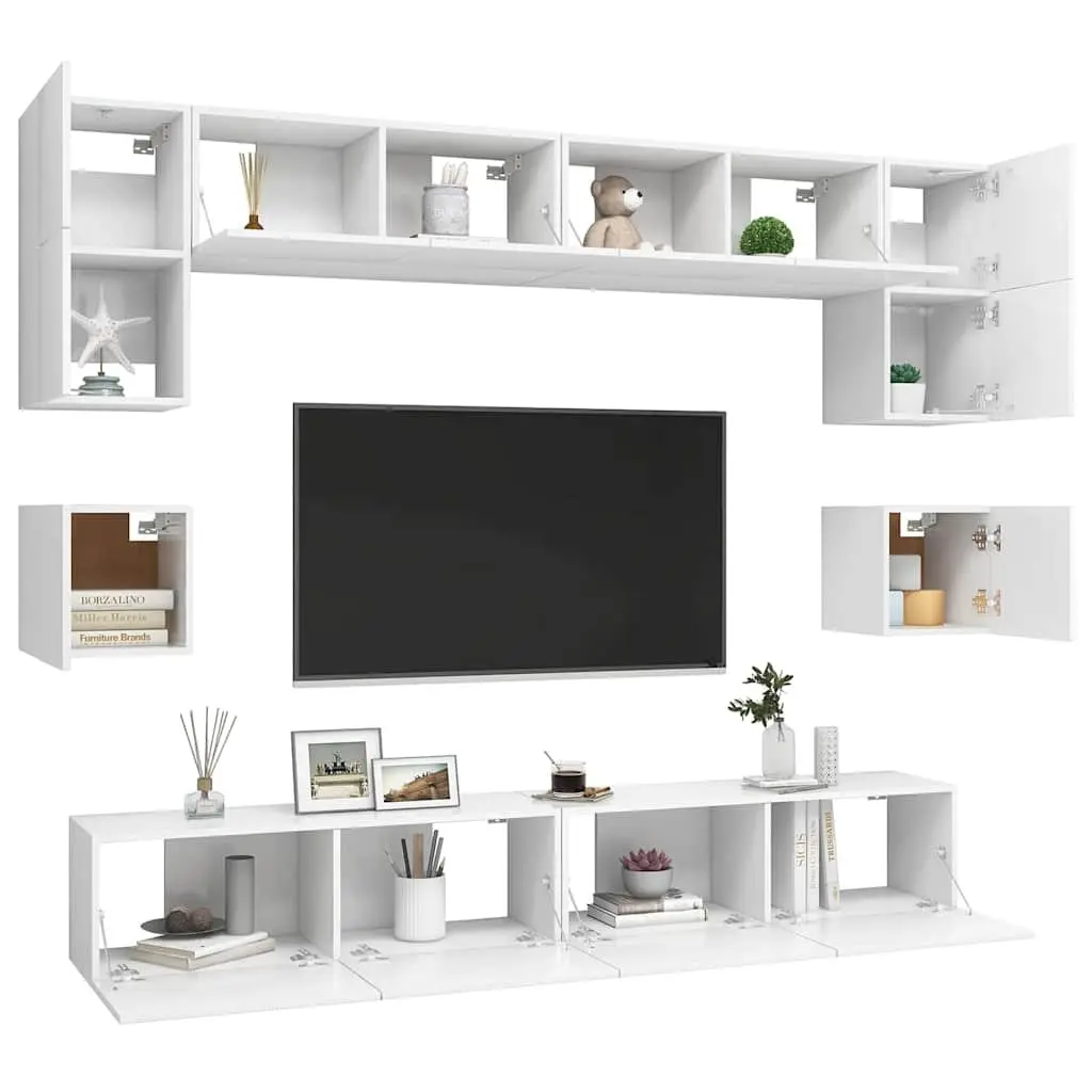 Wall Mounted TV Cabinet Set Engineered Wood 8 Piece White Storage Entertainment Unit