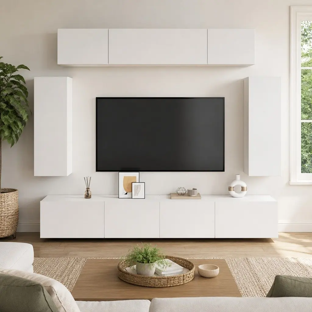 TV Cabinet Set Engineered Wood Wall-Mounted 6 Piece White Storage Unit