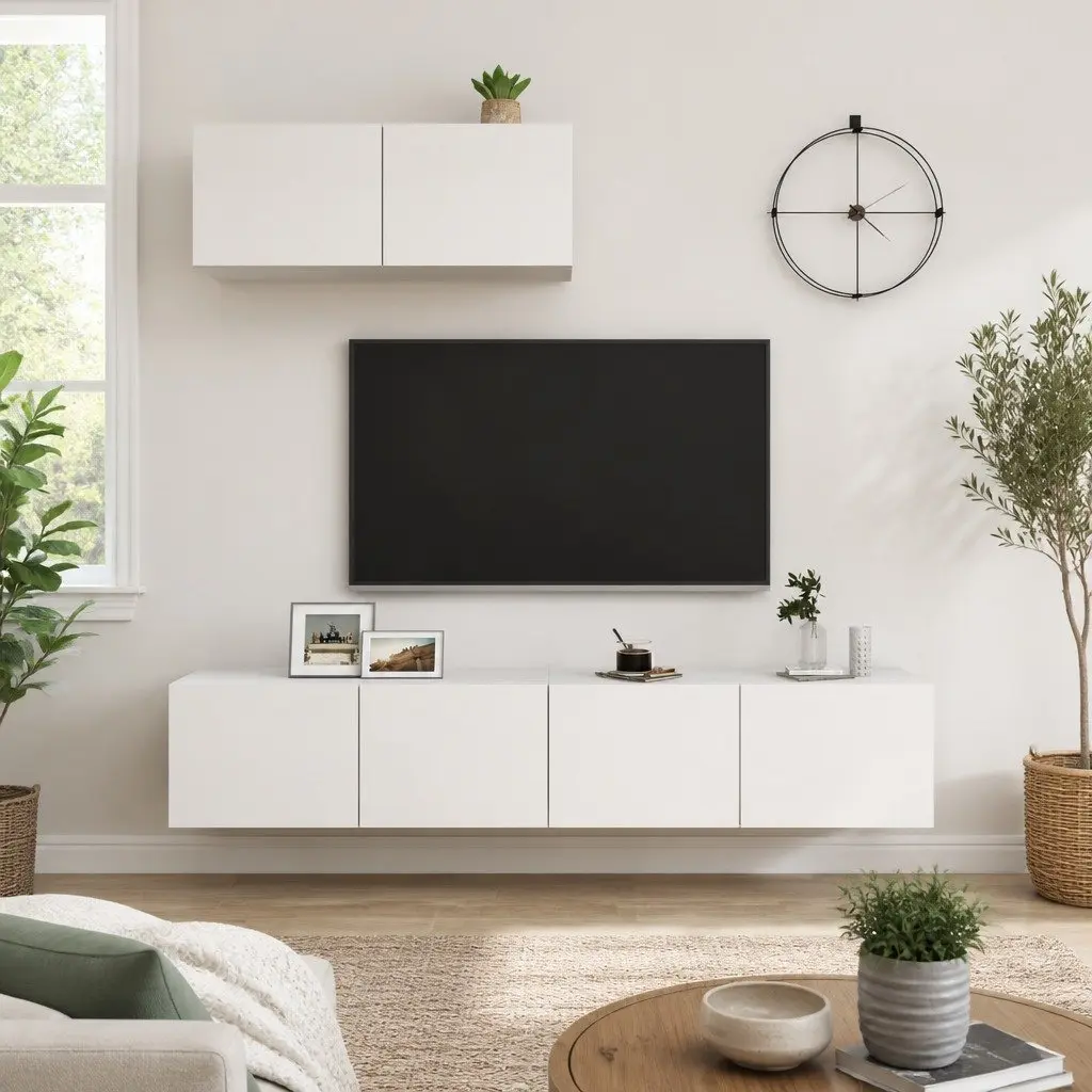 Wall Mounted TV Cabinet Set Engineered Wood White 3 Pieces Storage Display Unit
