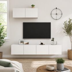 White Engineered Wood Wall Mounted TV Cabinet Set 3 Pieces Storage Display Unit