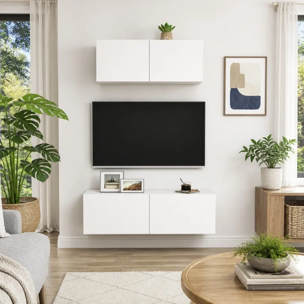 Wall-Mounted TV Cabinet Engineered Wood 2 Piece Set White Storage Media Unit