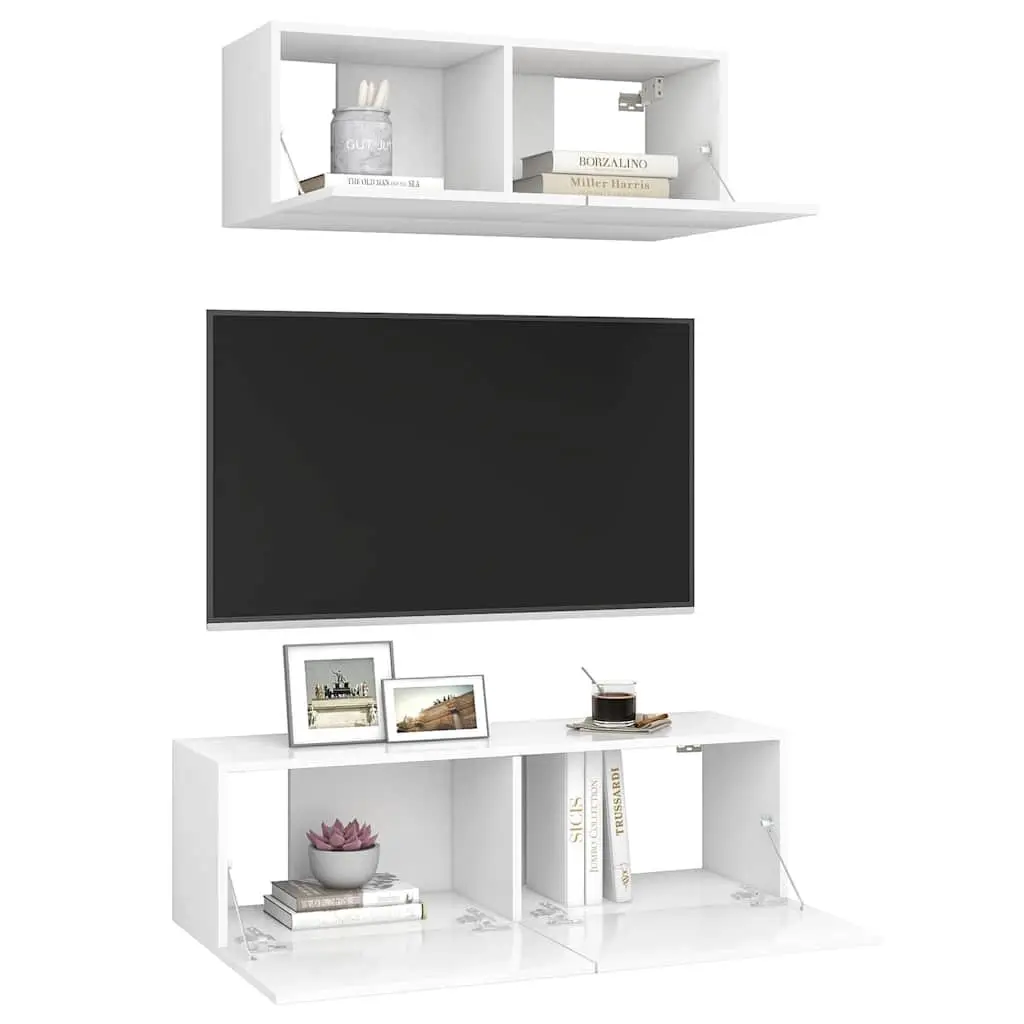 Wall-Mounted TV Cabinet Engineered Wood 2 Piece Set White Storage Media Unit