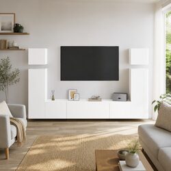 Wall Mounted TV Cabinet Set 8 Piece Storage Units White Engineered Wood Floating