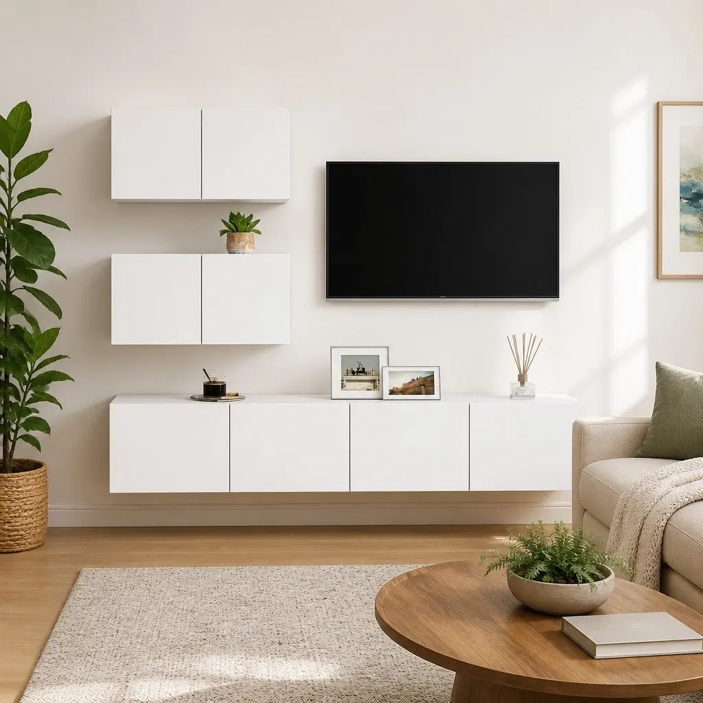TV Cabinet Set Engineered Wood Wall Mounted 4 Piece White Modern Living Room Furniture