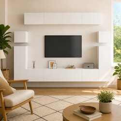 TV Cabinet Set 8 Piece White Wall Mounted Living Room Storage Shelving Unit