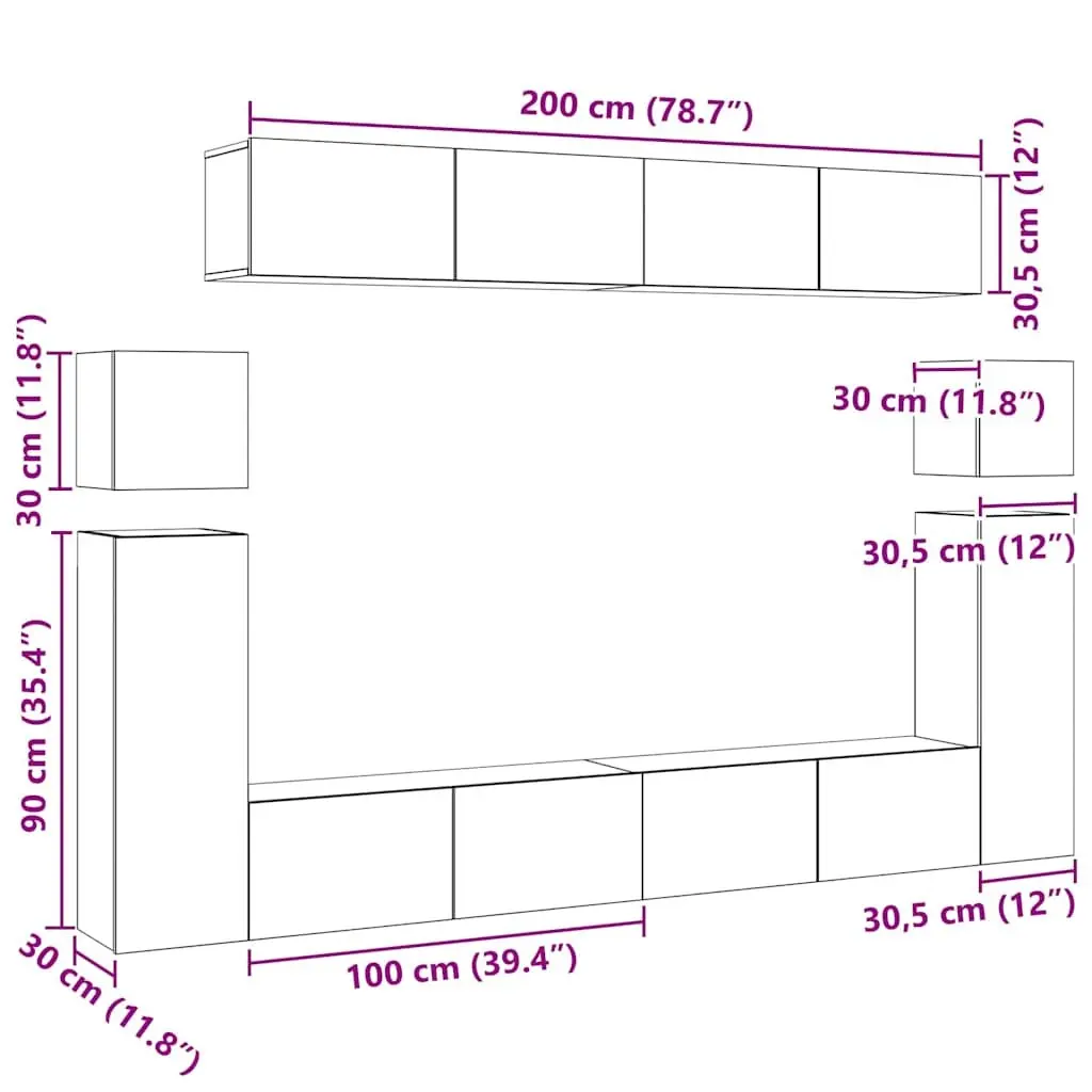 TV Cabinet Set 8 Piece White Wall Mounted Living Room Storage Shelving Unit