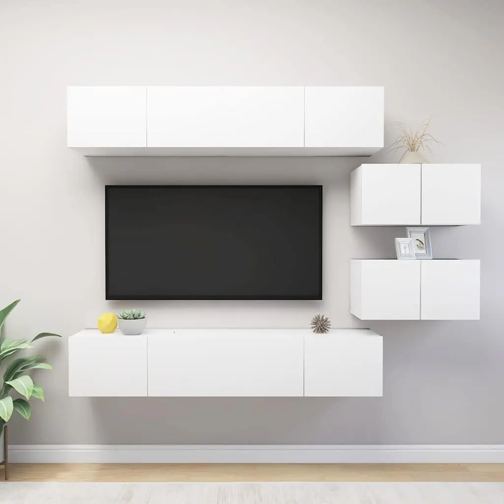 TV Cabinet Set Engineered Wood Wall Mounted 6 Piece White Storage Unit Living Room Furniture