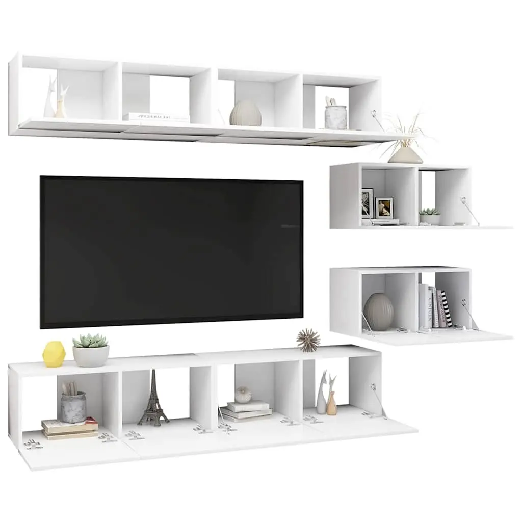 TV Cabinet Set Engineered Wood Wall Mounted 6 Piece White Storage Unit Living Room Furniture