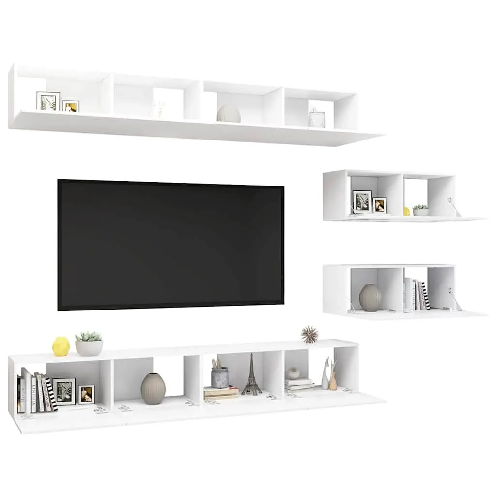 TV Cabinet Set 6 Piece White Wall Mounted Storage Living Room Furniture
