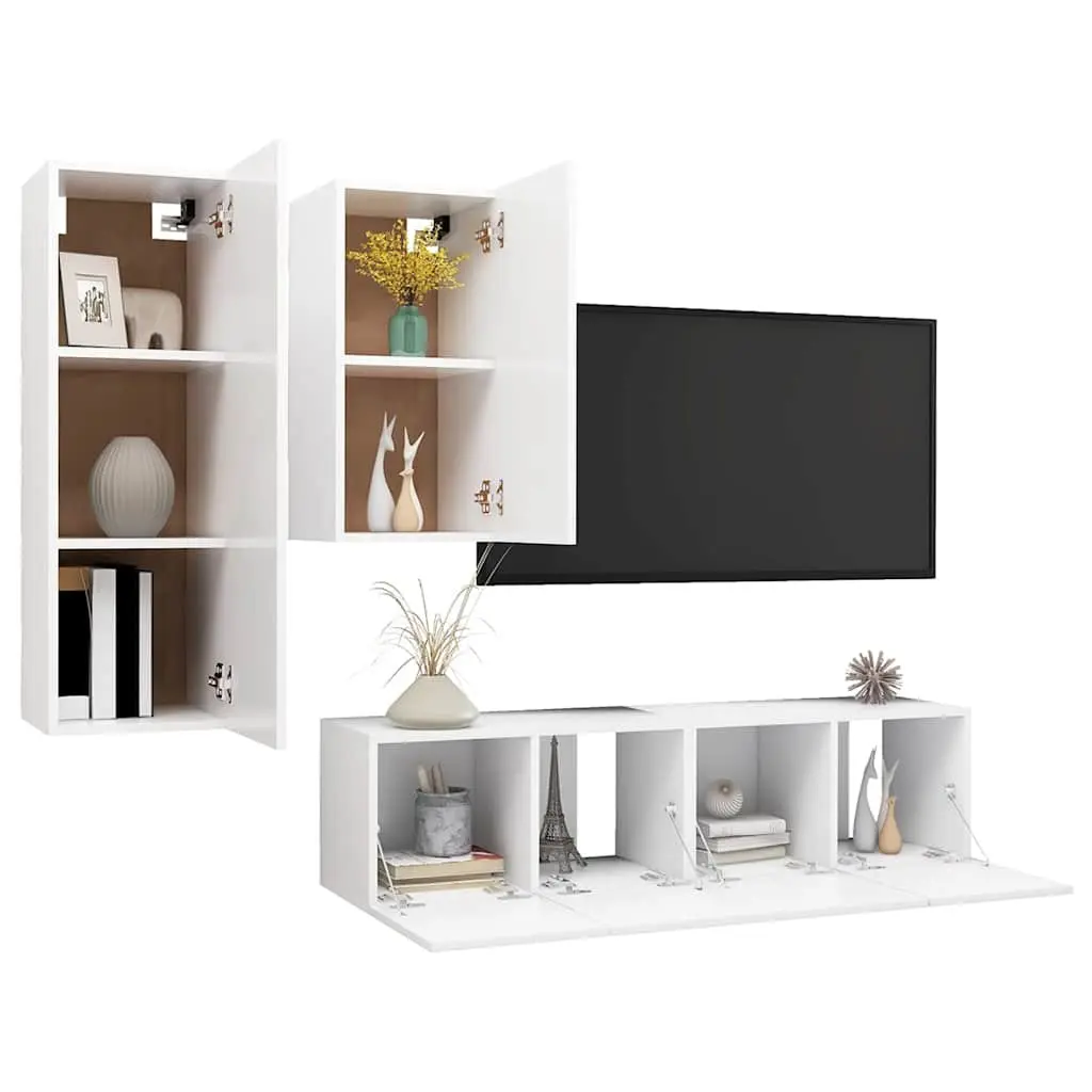 4 Piece TV Cabinet Set Engineered Wood Wall Mounted Storage Unit White