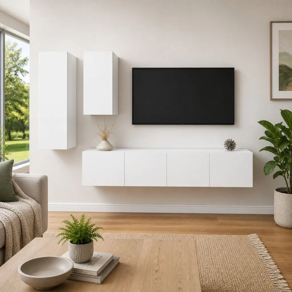 4 Piece White TV Cabinet Set for Home Use