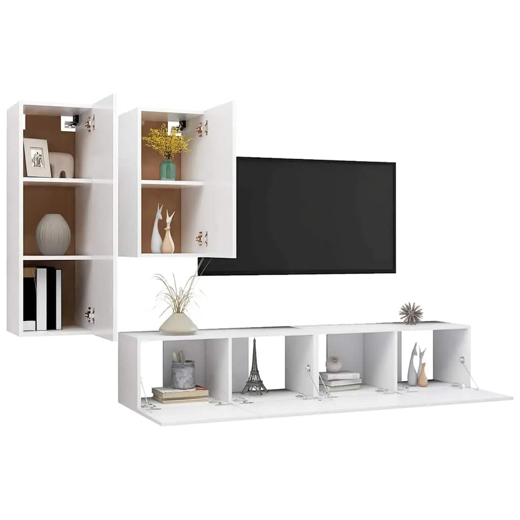4 Piece White TV Cabinet Set for Home Use