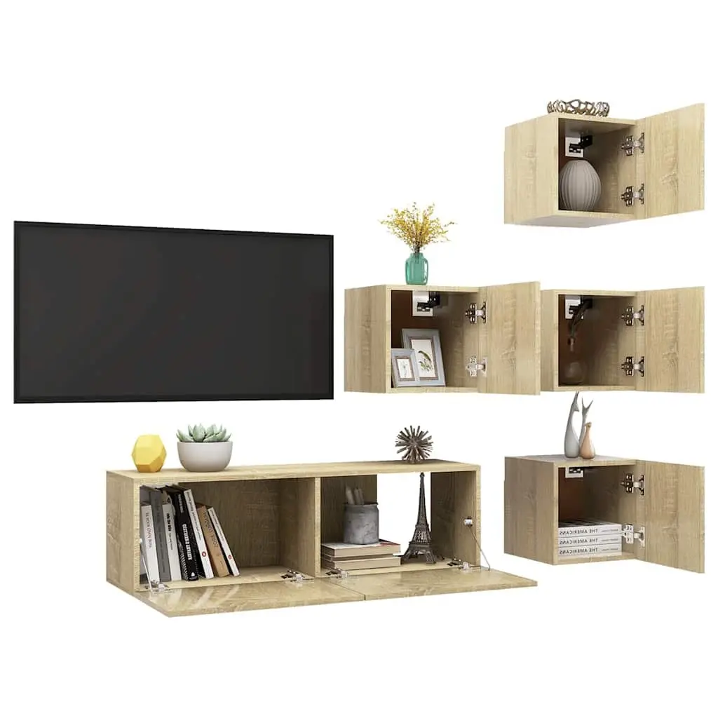 5 Piece Wall Mounted TV Cabinet Set Engineered Wood Brown