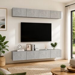 TV Cabinet Wall Mount Storage Unit Grey Engineered Wood Set of 4 Floating Shelf