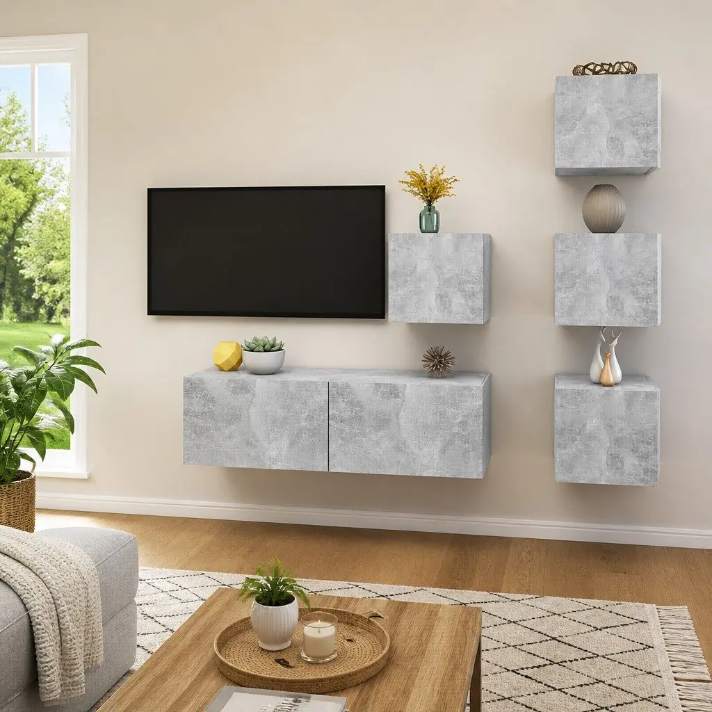 TV Cabinet Set Engineered Wood 5 Piece Wall Mounted Grey Modern Living Room Storage Shelving