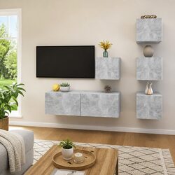 TV Cabinet Set Grey 5 Piece Wall Mounted Modern Living Room Storage Shelving