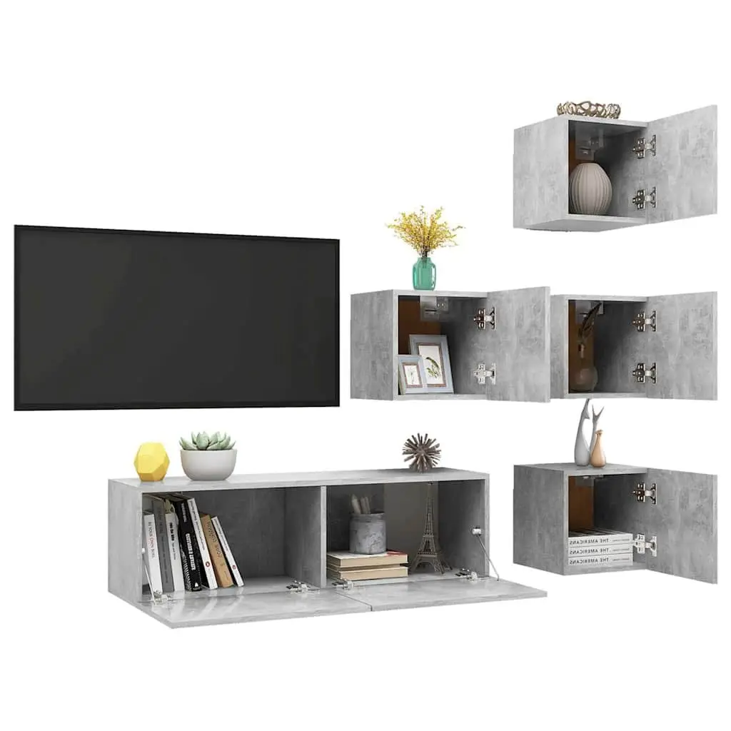 TV Cabinet Set Engineered Wood 5 Piece Wall Mounted Grey Modern Living Room Storage Shelving