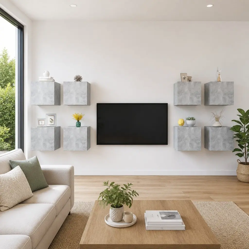 8PieceSetWallMountedCabinetUnitStorageCompartmentConcreteGreyModernDesign