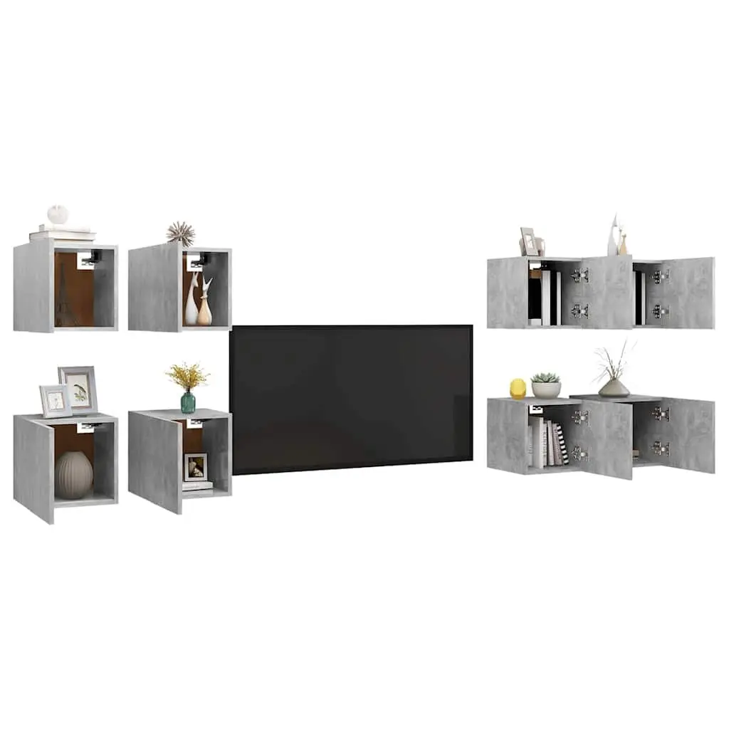 8PieceSetWallMountedCabinetUnitStorageCompartmentConcreteGreyModernDesign