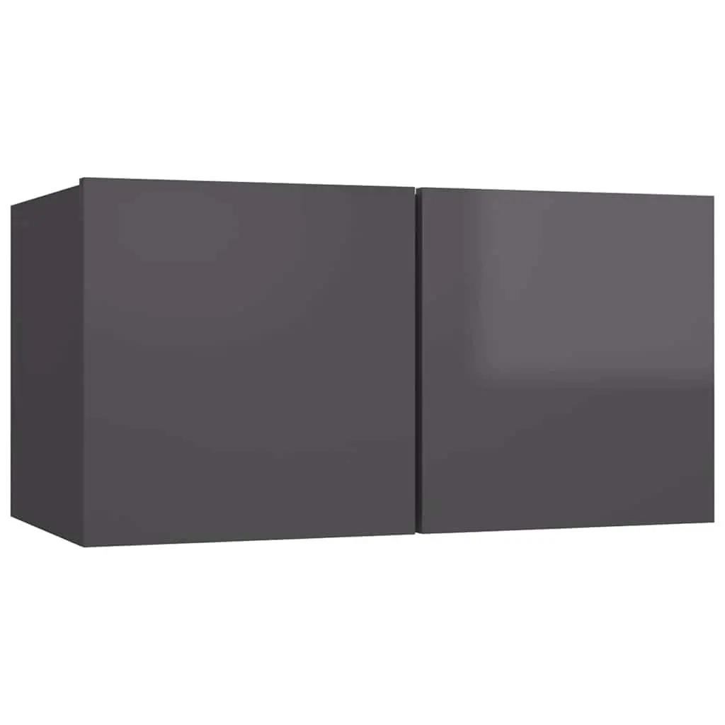 Wall Mounted Engineered Wood Grey TV Cabinet Set 4 Pieces High Gloss Storage Unit