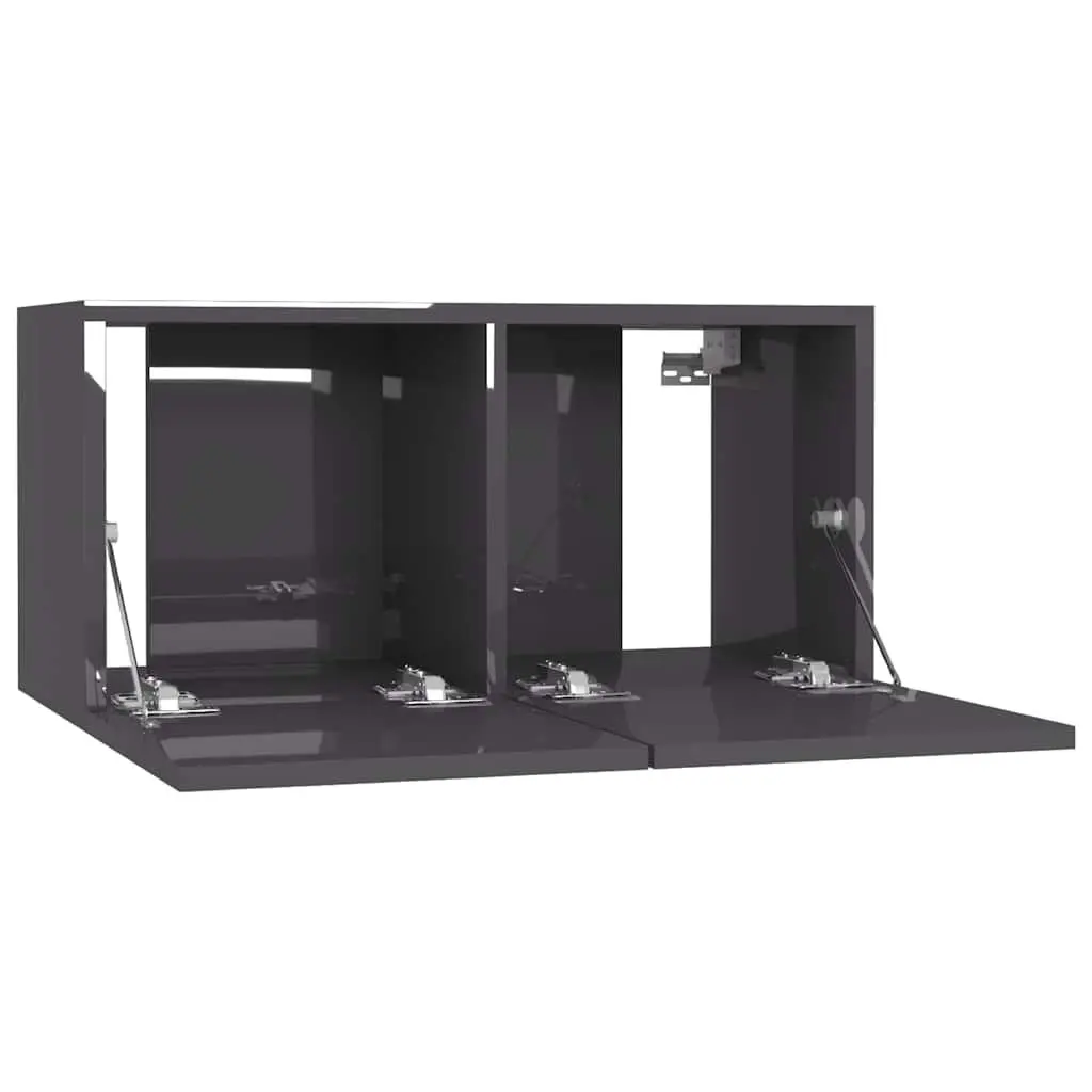 Wall Mounted Engineered Wood Grey TV Cabinet Set 4 Pieces High Gloss Storage Unit