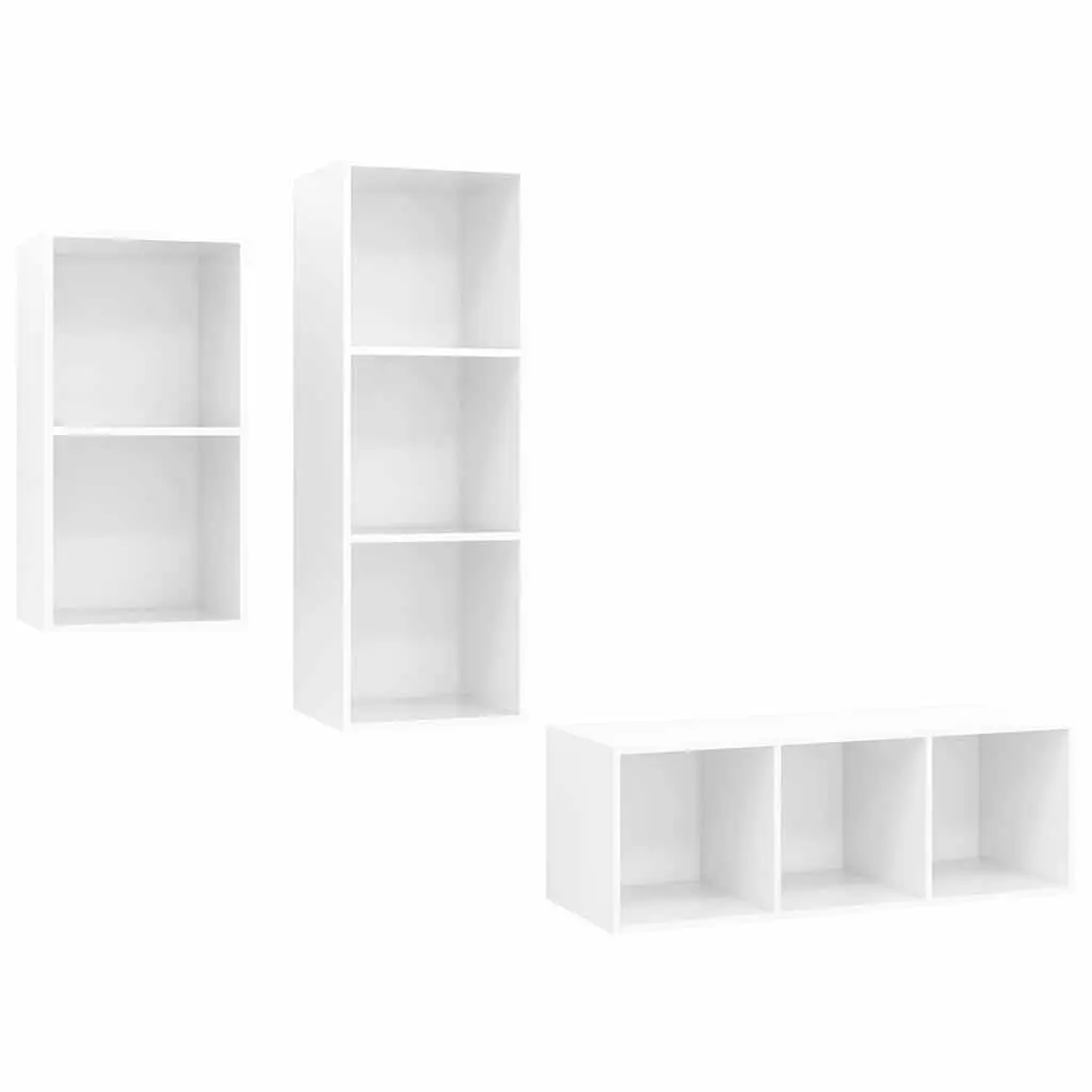 3 Piece High Gloss White Engineered Wood Wall Mounted TV Cabinet Set for Home Entertainment