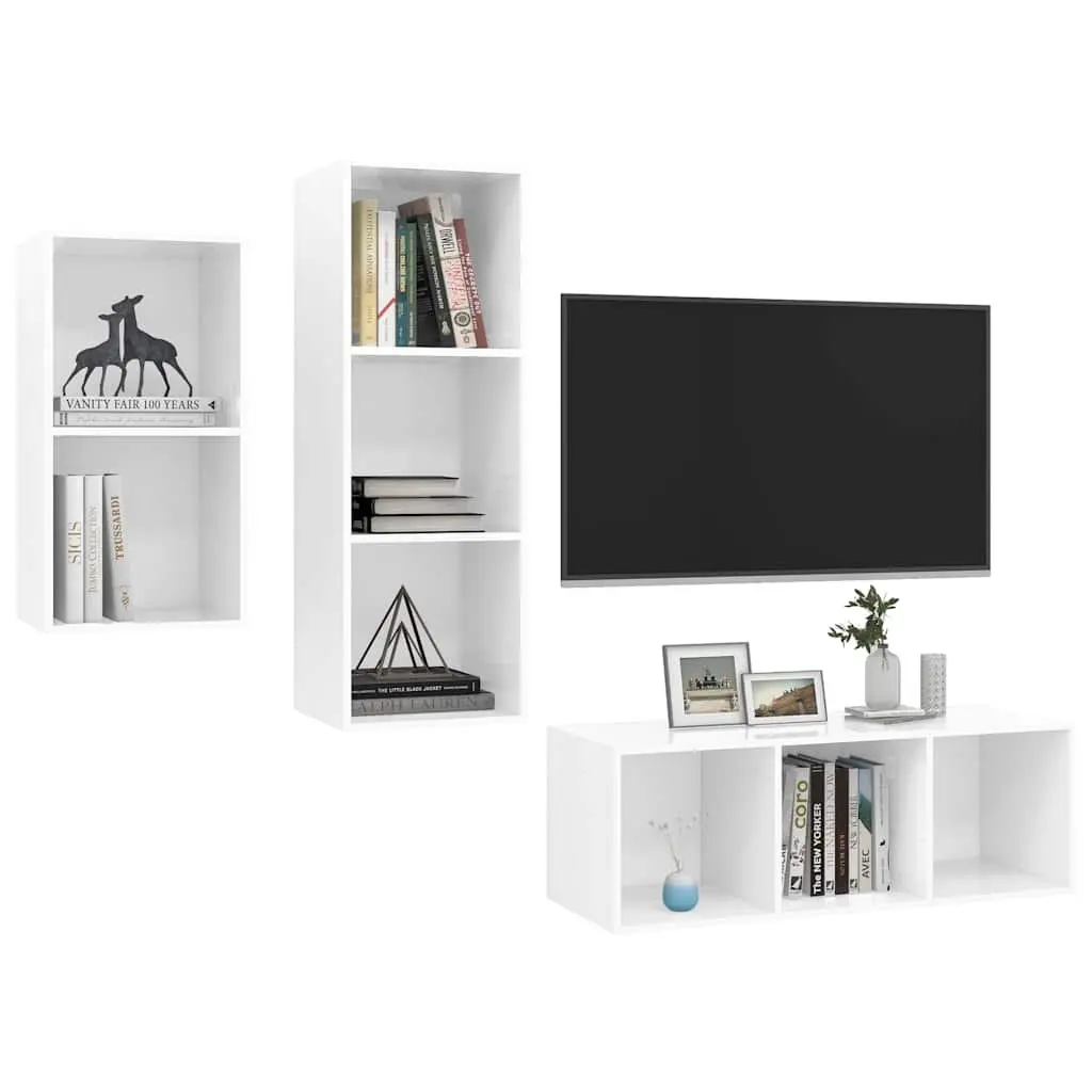 3 Piece High Gloss White Engineered Wood Wall Mounted TV Cabinet Set for Home Entertainment