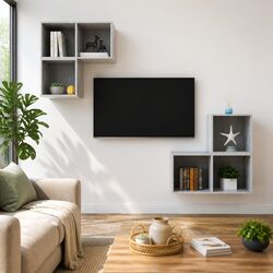 4 Piece Wall Mounted TV Cabinet Set Grey Engineered Wood Storage Organiser