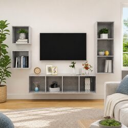 4 Piece Wall Mounted TV Cabinet Set Storage Organiser Grey Engineered Wood Unit