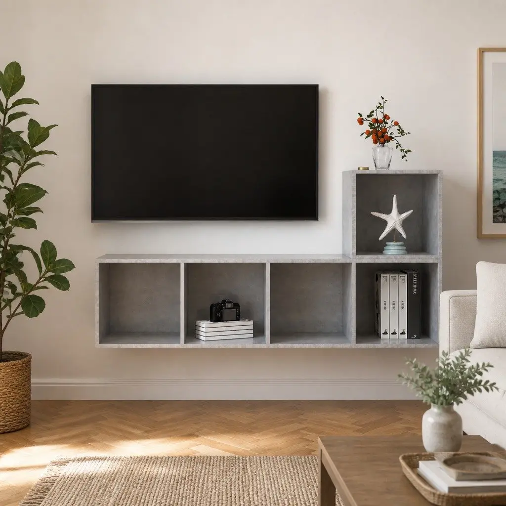 2 Piece Hanging TV Cabinet Set Engineered Wood Grey Storage Unit