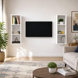Wall-mounted TV Cabinet Set 2 pcs White Storage Organiser Shelving Unit