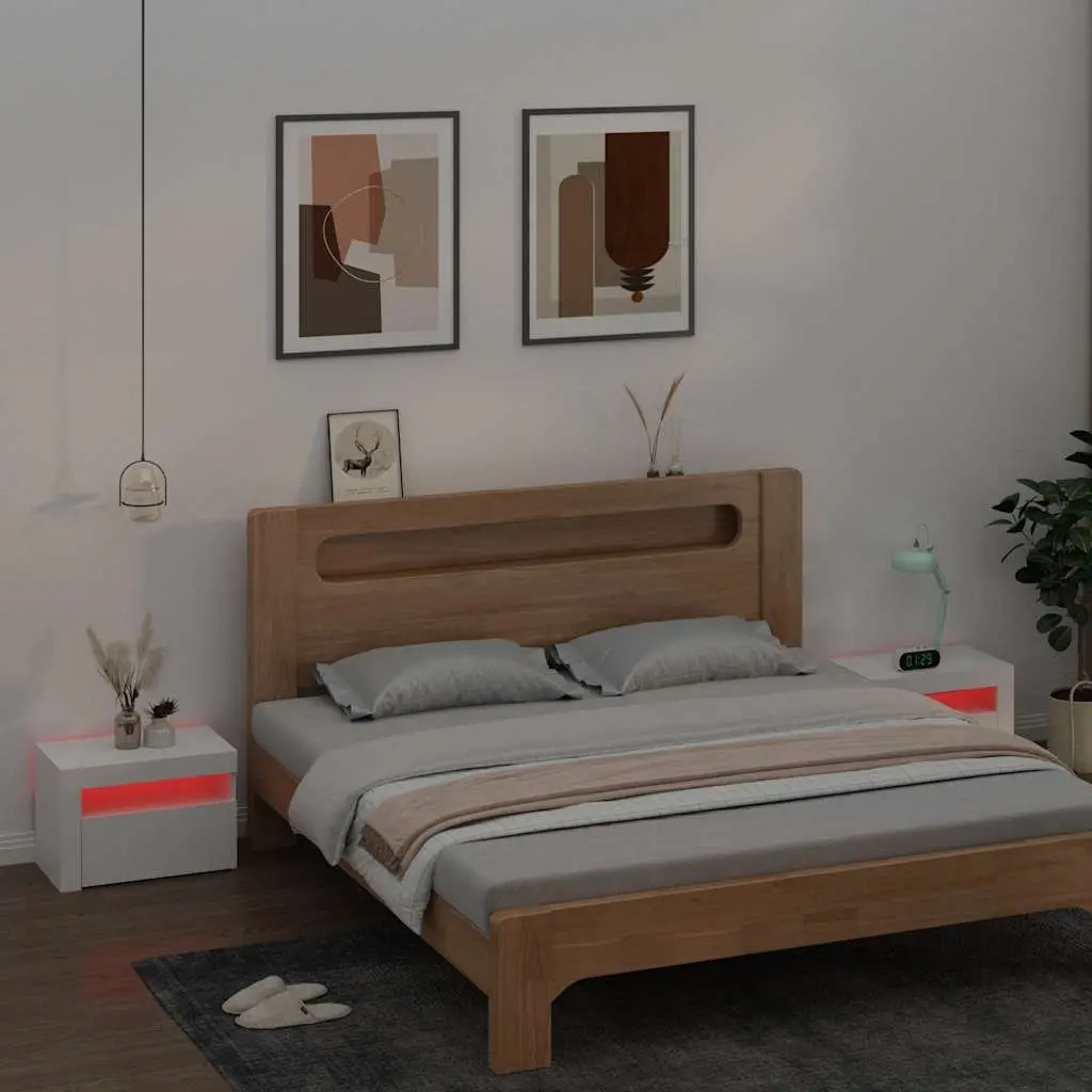 White Modern Nightstands 2 Piece Engineered Wood Bedside Cabinets with RGB LED Lights Storage 60x35x40cm