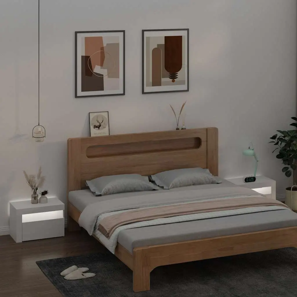 White Modern Nightstands 2 Piece Engineered Wood Bedside Cabinets with RGB LED Lights Storage 60x35x40cm