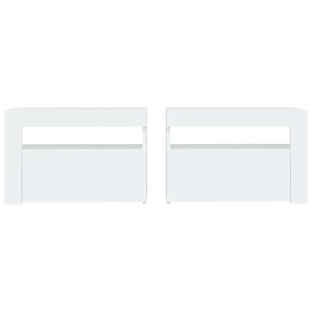 White Modern Nightstands 2 Piece Engineered Wood Bedside Cabinets with RGB LED Lights Storage 60x35x40cm