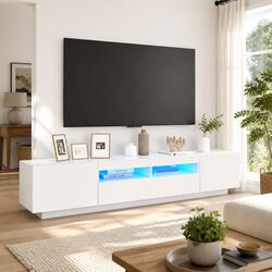 Functional White TV Cabinet with RGB LED Lights for Home Use