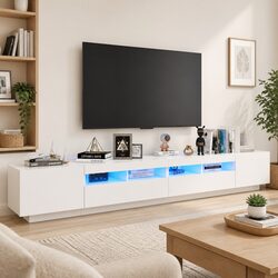 Functional White TV Unit with RGB LED Lights 260x35x40cm
