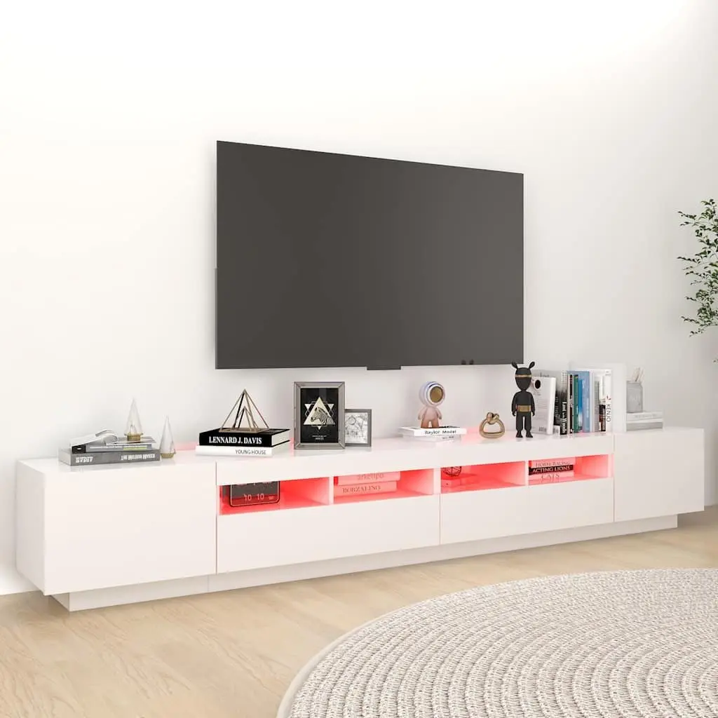 TV Cabinet Modern White Media Storage Unit 260x35x40cm with LED Lights