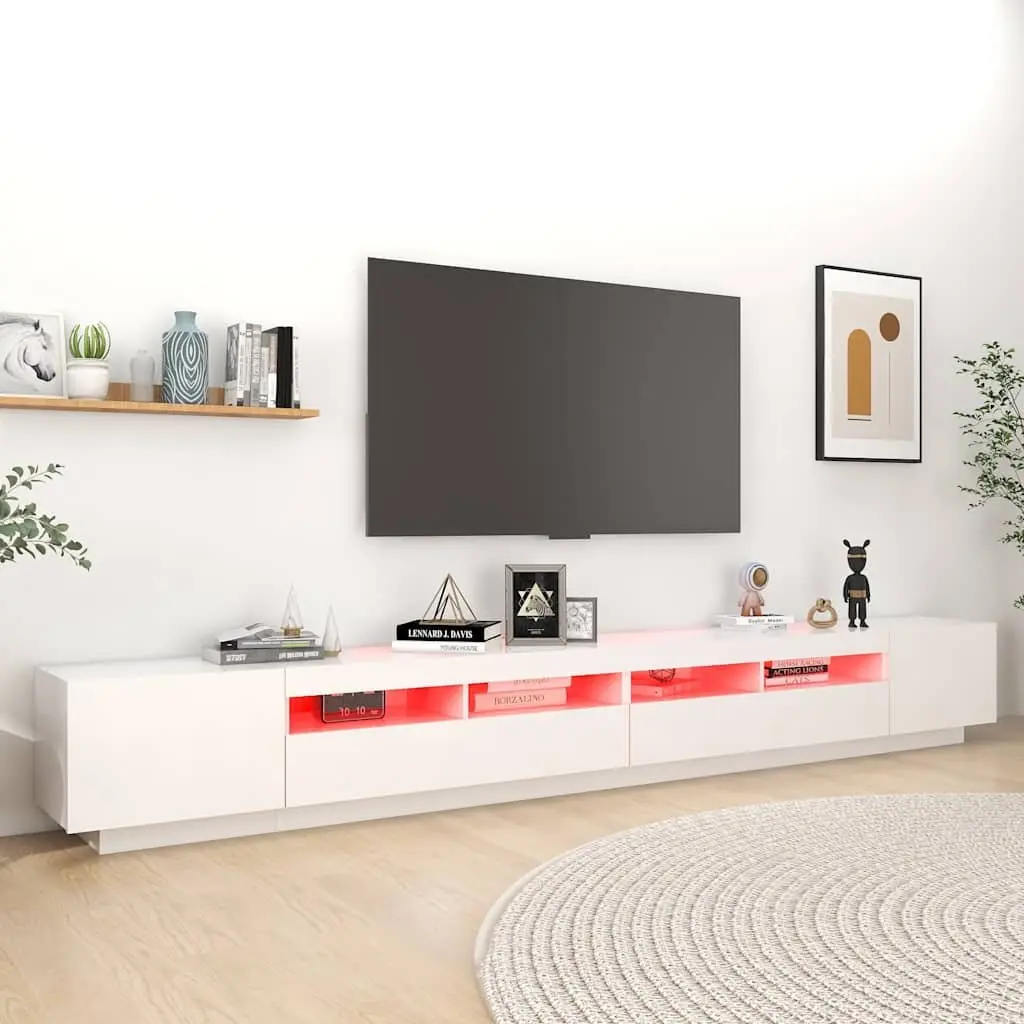 TV Cabinet White 300cm LED Lights Media Storage Unit Organiser Stand Furniture