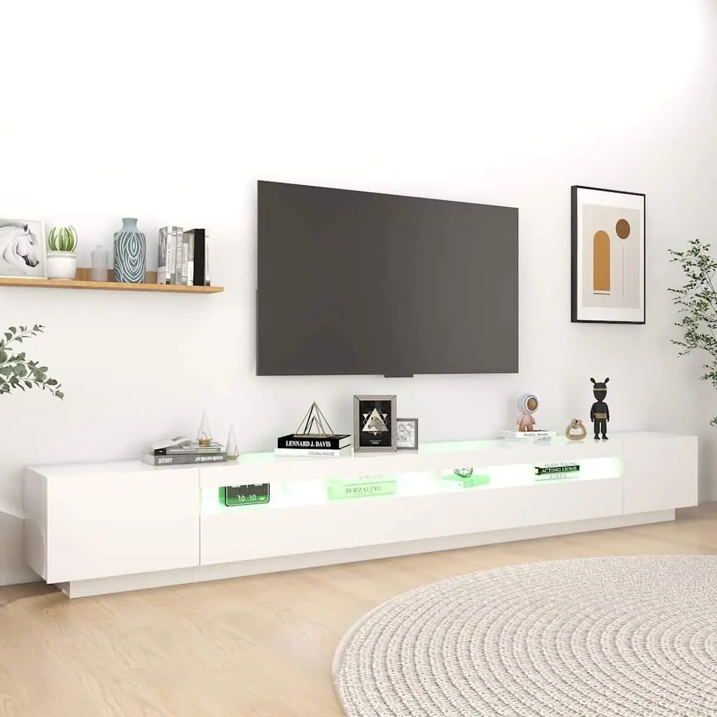 TV Cabinet White 300cm LED Lights Media Storage Unit Organiser Stand Furniture